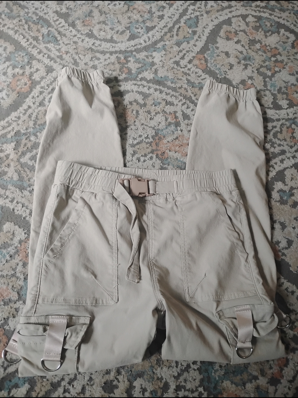 Beige Cargo Jogger Pants with Utility Buckles